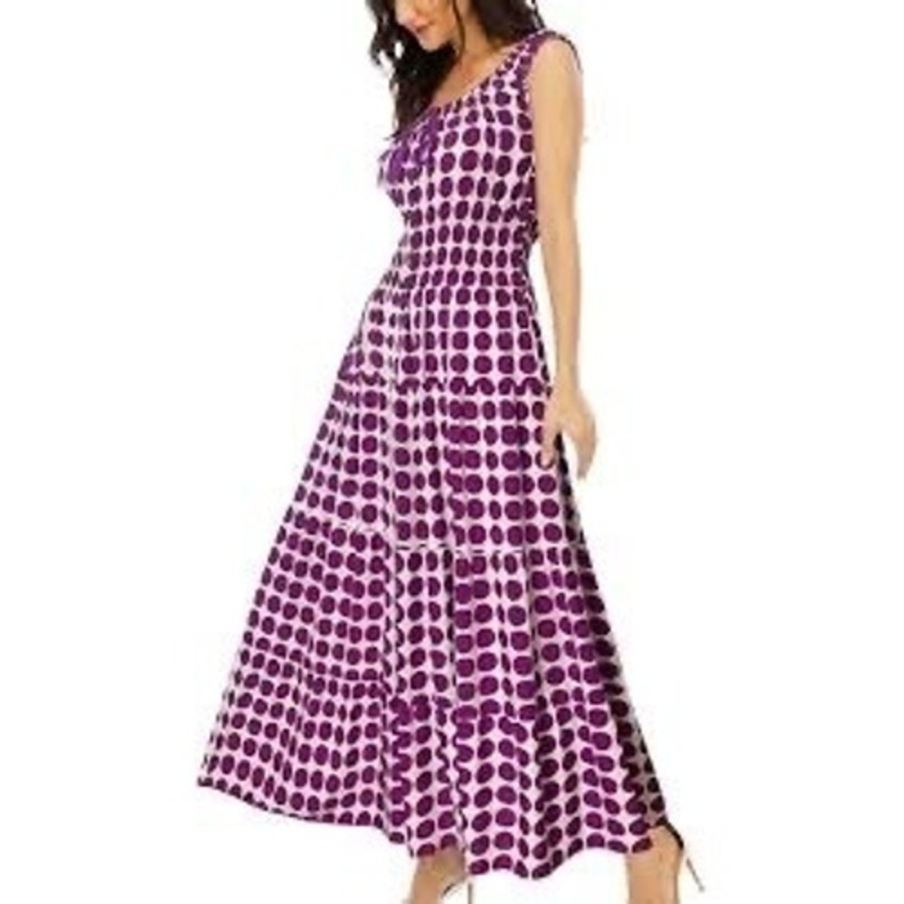 OSTOO Women Purple Polka Dot Tiered Maxi Dress Smocked Waist Viscose Size M